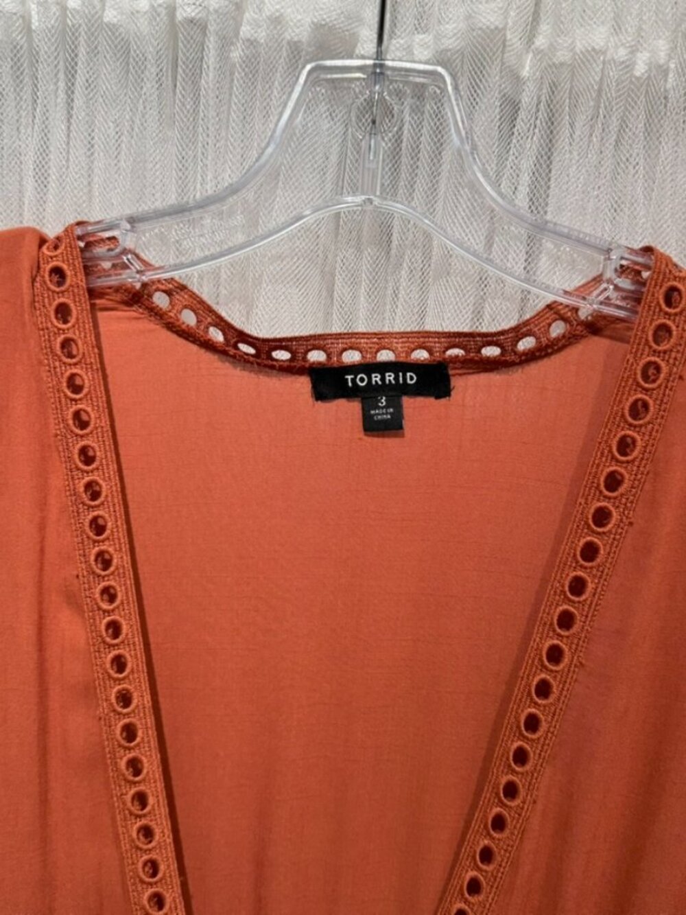 Torrid Women's Size 3 Burnt Orange Open Front Maxi Kimono Cover Up Crochet Trim - Picture 6 of 9